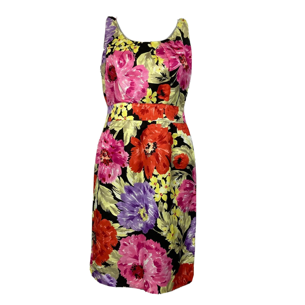 Banana Republic Dress Womens Sz 4P Black Pink Green Floral Linen Sheath Tank